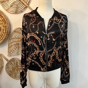 Vintage H&M Divided Chain Print Bomber Jacket Black Gold Baroque Streetwear L